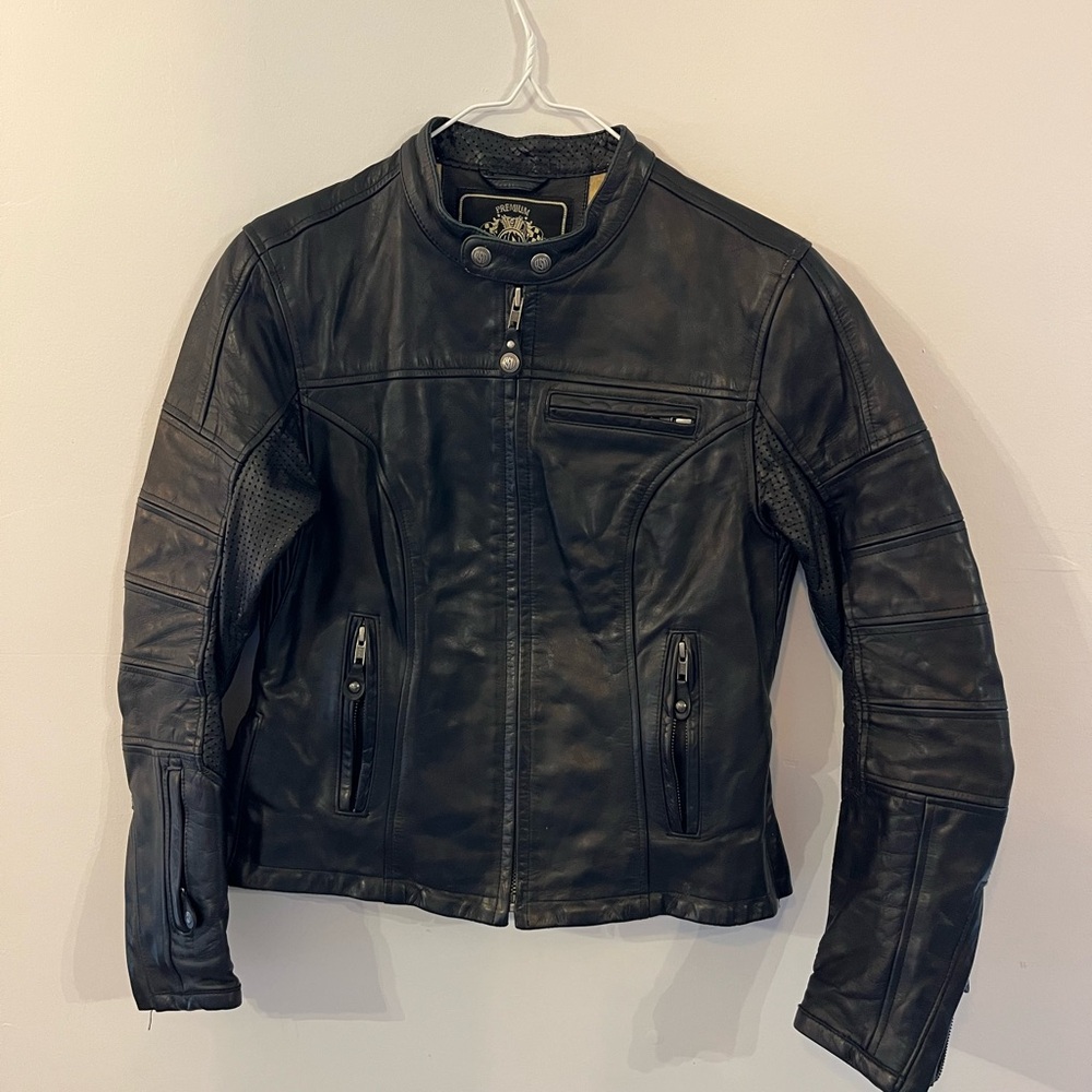 Black leather women's motorcycle jacket